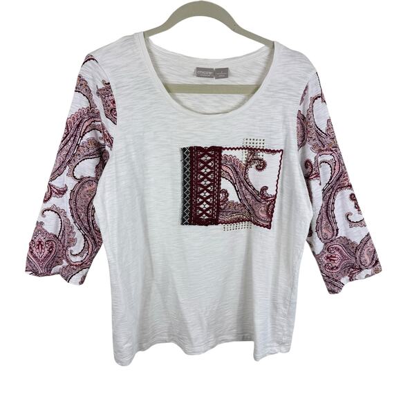 Chico's Zenergy Burgundy Cream Crochet Studded 3/4 Sleeve Cotton Modal Top Sz L - Picture 1 of 5